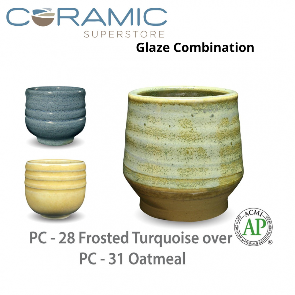 Frosted Turquoise PC-28over Oatmeal PC-31 Pottery Cone 5 Glaze Combination